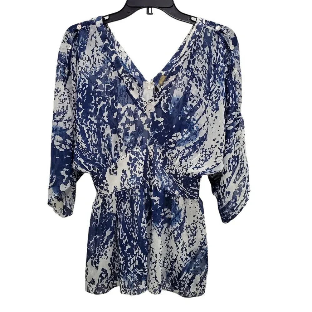 Wilster Women's White Blue Abstract Print Semi Sheer Open Button Sleeve Blouse S